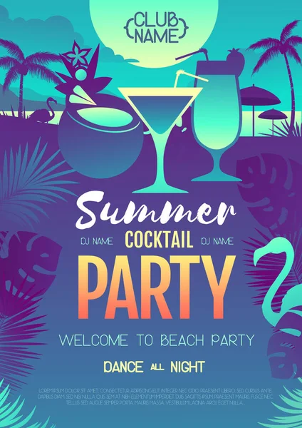 Bunte Sommer Cocktail Disco Party Poster Mit Fluoreszierenden Tropenblättern Und — Stockvektor