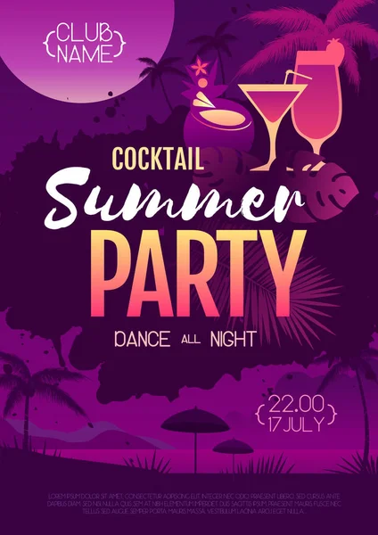 Colorato Cocktail Estivo Disco Party Poster Con Foglie Tropicali Fluorescenti — Vettoriale Stock