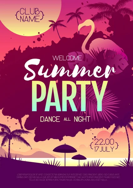Barevný Plakát Letní Diskotéky Fluorescenčními Tropickými Listy Plameňákem Summertime Pláž — Stockový vektor