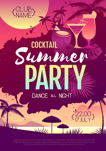 Färgglada Sommar Cocktail Disco Parti Affisch Med Fluorescerande Tropiska Blad — Stock vektor