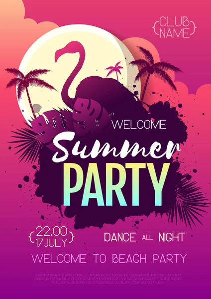 Buntes Sommerdisco Party Poster Mit Fluoreszierenden Tropischen Blättern Und Flamingo — Stockvektor