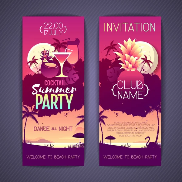 Set Kleurrijke Zomer Cocktail Party Posters Met Fluorescerende Tropische Bladeren — Stockvector