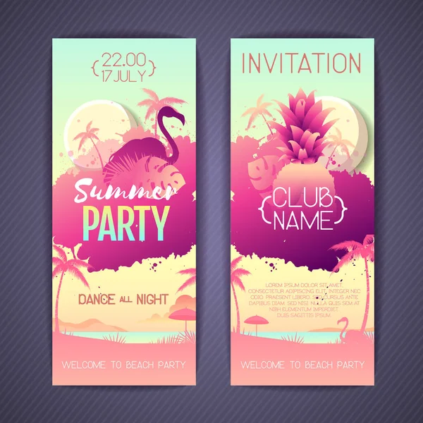 Set Colorful Summer Disco Party Posters Fluorescent Tropic Leaves Pineapple — Stock Vector