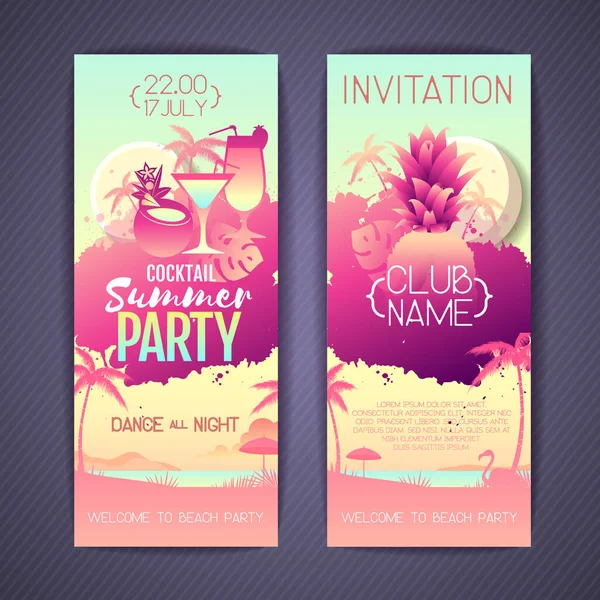 Set Colorful Summer Cocktail Party Posters Fluorescent Tropic Leaves Pineapple — Stock Vector