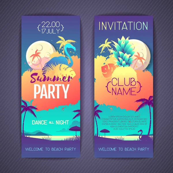 Set Colorful Summer Disco Party Posters Fluorescent Tropic Leaves Pineapple — Stock Vector