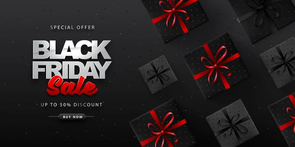 Μαύρη Παρασκευή Πανό Πώλησης Κουτιά Δώρων Σκούρο Μαύρο Φόντο — Διανυσματικό Αρχείο
