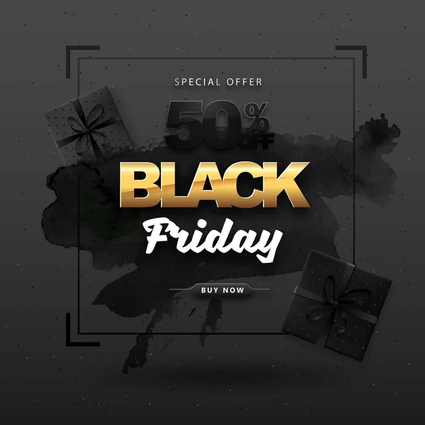 Black Friday Sale Banner Mit Geschenkboxen Auf Dunkelschwarzem Aquarell Hintergrund — Stockvektor