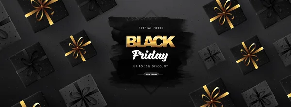 Siyah arka planda hediye kutularıyla Kara Cuma indirimi afişi