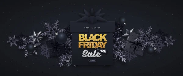 Black Friday Sale Banner Mit Geschenkboxen Und Schneeflocken Auf Dunkelschwarzem — Stockvektor