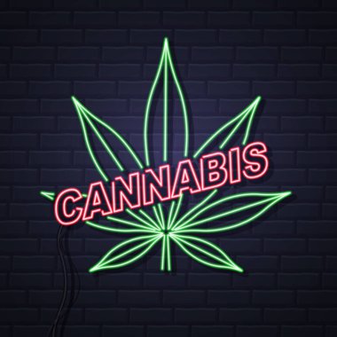 Duvarın arkasında neon kenevir yaprağı işareti var. Dümen simgesi tasarımı.