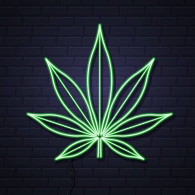 Duvarın arkasında neon kenevir yaprağı işareti var. Dümen simgesi tasarımı. İş logosu tasarımı