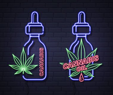 Duvarın arkasında neon kenevir yağı şişesi ve yaprak işareti var. Dümen simgesi tasarımı.