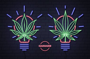 Duvarın arkasında neon kenevir yaprağı işareti var. Dümen simgesi tasarımı.