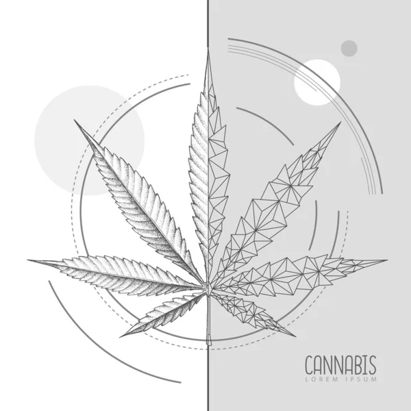 Reális Kézrajz Geometrikus Kannabiszlevél Sziluett Vektorillusztráció — Stock Vector