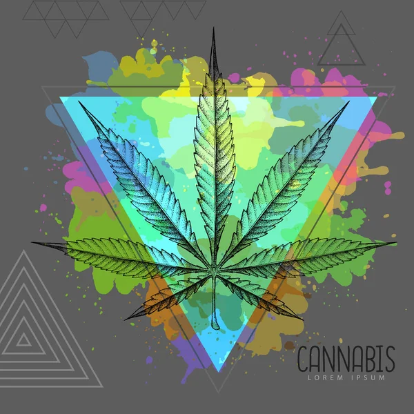 Mão Realista Desenho Silhueta Folha Cannabis Fundo Triângulo Aquarela Artística —  Vetores de Stock
