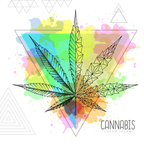 Realistische Handtekening Geometrische Cannabis Blad Silhouet Artistieke Aquarel Driehoek Achtergrond — Stockvector