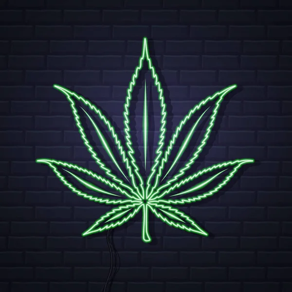 Neon Cannabis Blatt Zeichen Auf Backsteinmauer Hintergrund Design Der Helm — Stockvektor