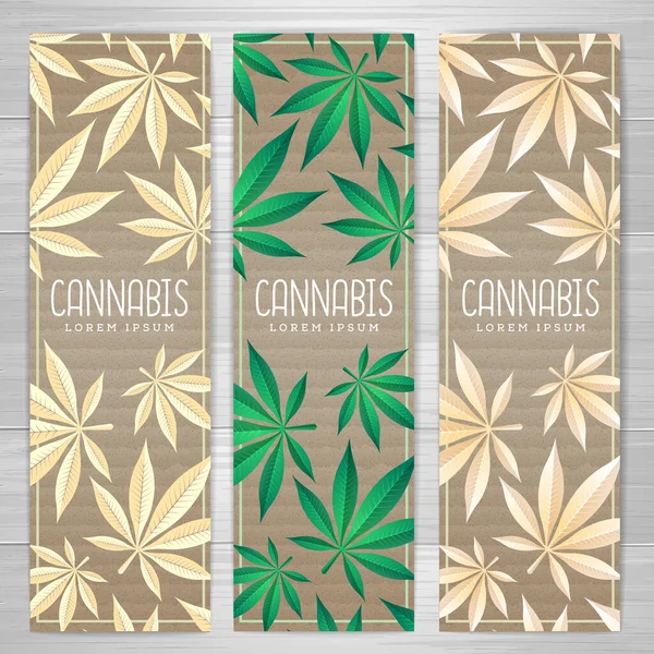 Set Striscioni Con Foglie Cannabis Sfondo Cartone Artigianale Progettazione Identità — Vettoriale Stock