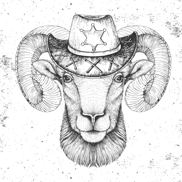 Ram Animal Retro Hipster Mouflon Com Chapéu Xerife Desenho Mão — Vetor de Stock