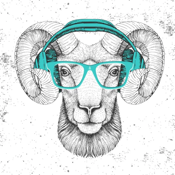 Hipster Animal Ram Mouflon Com Fones Ouvido Desenho Mão Bocal —  Vetores de Stock