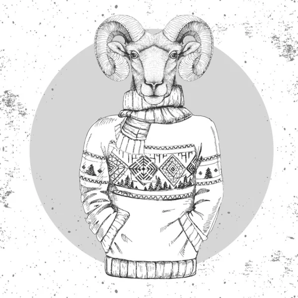 Retro Hipster Moda Zwierzę Baran Lub Mouflon Ubrany Pullover — Wektor stockowy
