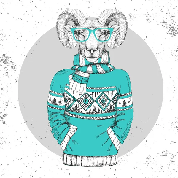 Retro Hipster Fashion Animal Ram Mouflon Ντυμένο Πουλόβερ — Διανυσματικό Αρχείο