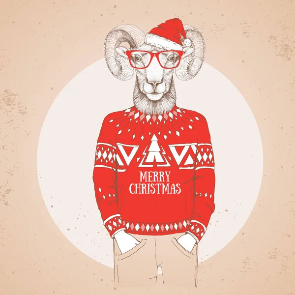 Χριστούγεννα Hipster Ζώο Μόδας Ram Mouflon Ντυμένος Καπέλο Και Πουλόβερ — Διανυσματικό Αρχείο