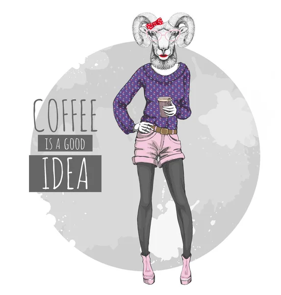 Retro Hipster Moda Animal Ram Mouflon Con Café Modelo Mujer — Archivo Imágenes Vectoriales