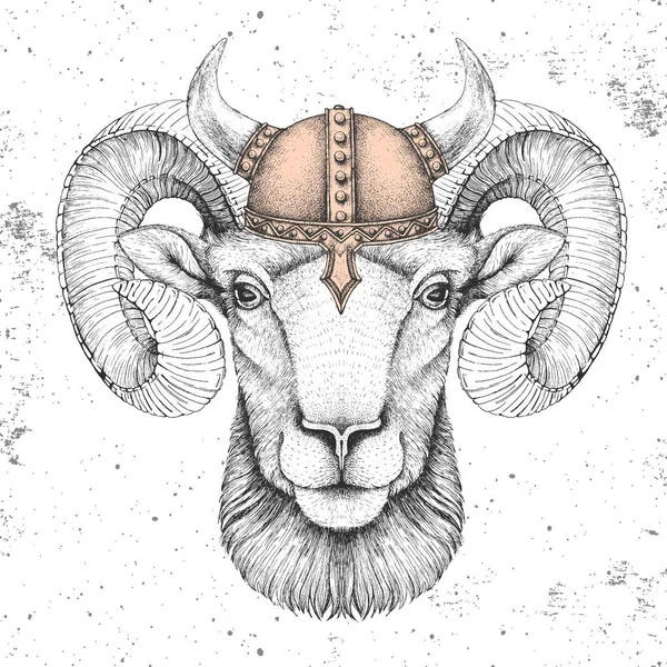 Ram Animal Hipster Mouflon Usando Capacete Viking Desenho Mão Bocal —  Vetores de Stock