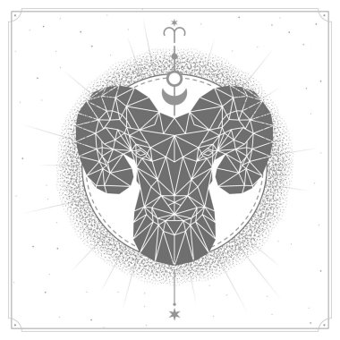 Astroloji burcuyla modern büyü kartı. Koç burcu. Çokgen biçiminde bir kuyruk veya muflon başı