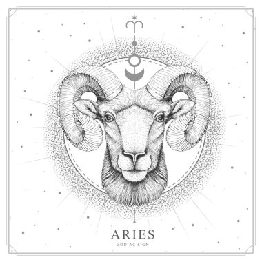 Modern magic witchcraft card with astrology Aries zodiac sign. Realistic hand drawing ram or mouflon head clipart