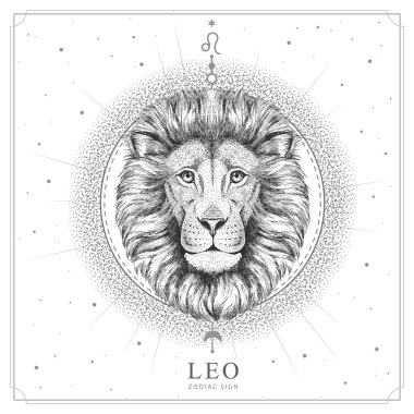 Astroloji Leo burçlu modern büyü kartı. Gerçekçi el çizimi aslan kafası