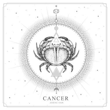 Astroloji burcuyla modern büyü kartı. Kanser burcu. Gerçekçi el çizimi yengeç çizimi