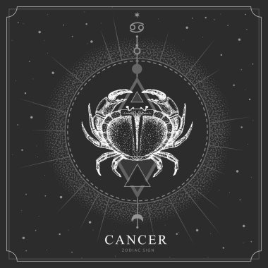 Astroloji burcuyla modern büyü kartı. Kanser burcu. Gerçekçi el çizimi yengeç çizimi