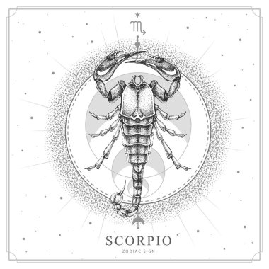 Astroloji burcuyla modern büyü kartı. Akrep burcu. Gerçekçi el çizimi akrep çizimi