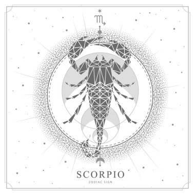 Astroloji burcuyla modern büyü kartı. Akrep burcu. Çokgen biçiminde Akrep illüstrasyonu