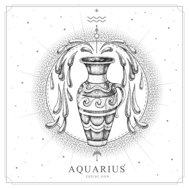 Astroloji burcuyla modern büyü kartı Aquarius Zodiac. Gerçekçi el çizimi su testisi çizimi