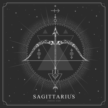 Astroloji burcu yay burcu olan modern büyü kartı. Gerçekçi el çizimi Yay ve ok çizimi