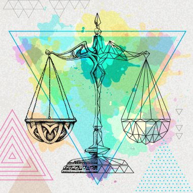 Sanatsal suluboya arkaplan üzerindeki pulların gerçekçi ve çokgen çizimi. Terazi burcu burcu