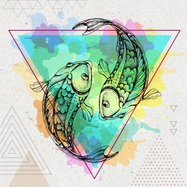 Artistik çokgen suluboya arkaplan üzerine yenilikçi koi balığı çizimi. Balık burcu burcu