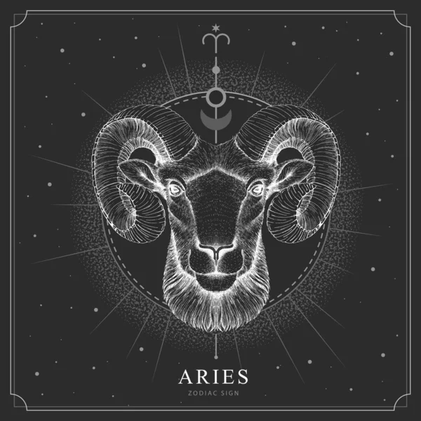Moderní Kouzelnická Karta Astrologickým Znakem Aries Zodiac Realistické Ruční Kreslení — Stockový vektor