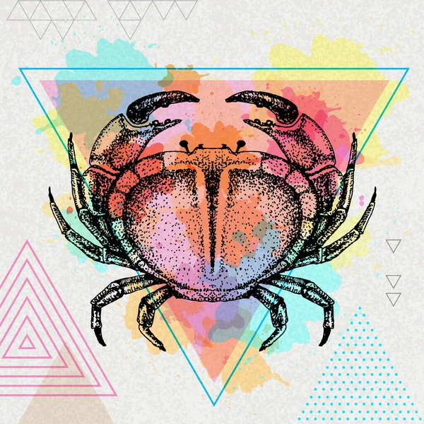 Illustration Réaliste Crabe Hipster Sur Fond Aquarelle Polygone Artistique — Image vectorielle