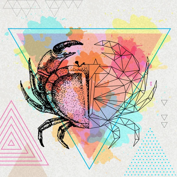 Illustration Crabe Hipster Réaliste Polygonale Sur Fond Aquarelle Artistique — Image vectorielle