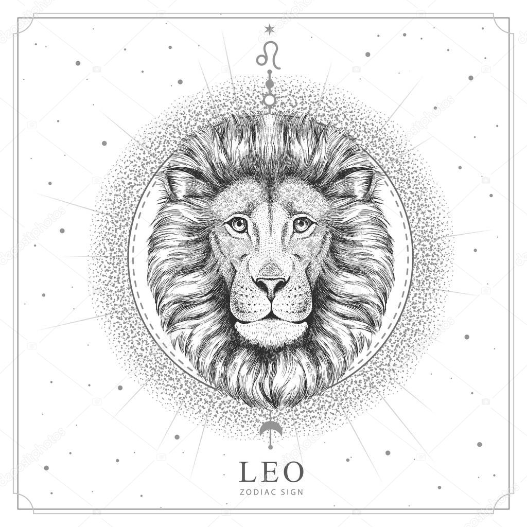 Modern magic witchcraft card with astrology Leo zodiac sign. Realistic hand drawing lion head