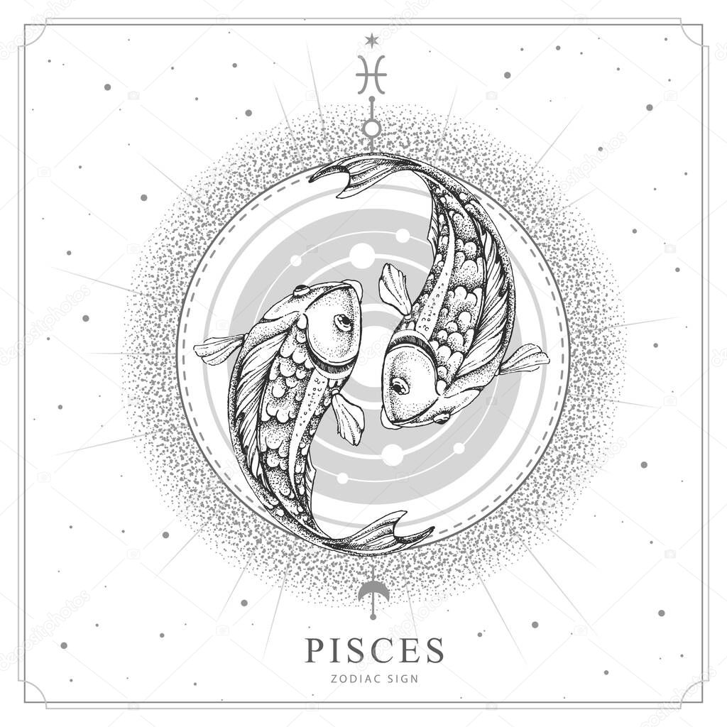 Modern magic witchcraft card with astrology Pisces zodiac sign. Realistic hand drawing koi fish illustration