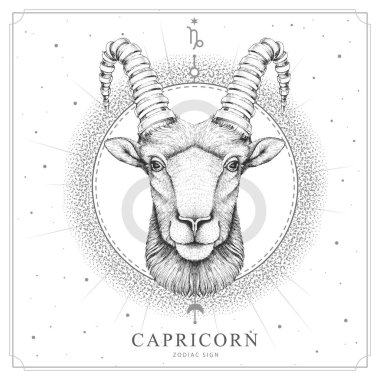 Astroloji burcunun burcuyla modern büyü kartı. Gerçekçi el çizimi koç ya da muflon kafası