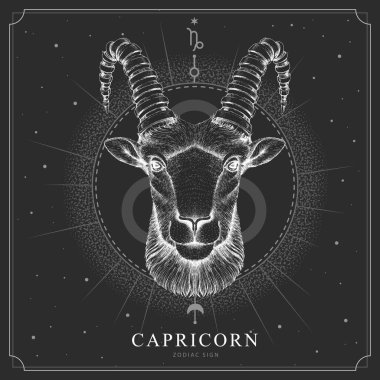 Astroloji burcunun burcuyla modern büyü kartı. Gerçekçi el çizimi koç ya da muflon kafası