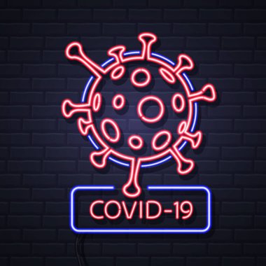 Neon işareti COVID-19. Coronavirus Karantina Uyarısı. Vektör illüstrasyonu