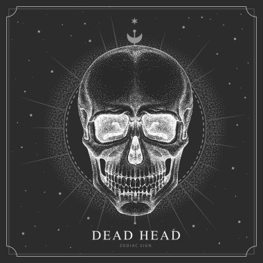 Astroloji insan kafatası işaretli modern büyü kartı. Gerçekçi el ölü kafayı çekiyor.