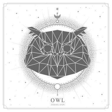 Astroloji çokgen baykuş burcuyla modern büyü kartı. Çokgen baykuş başı
